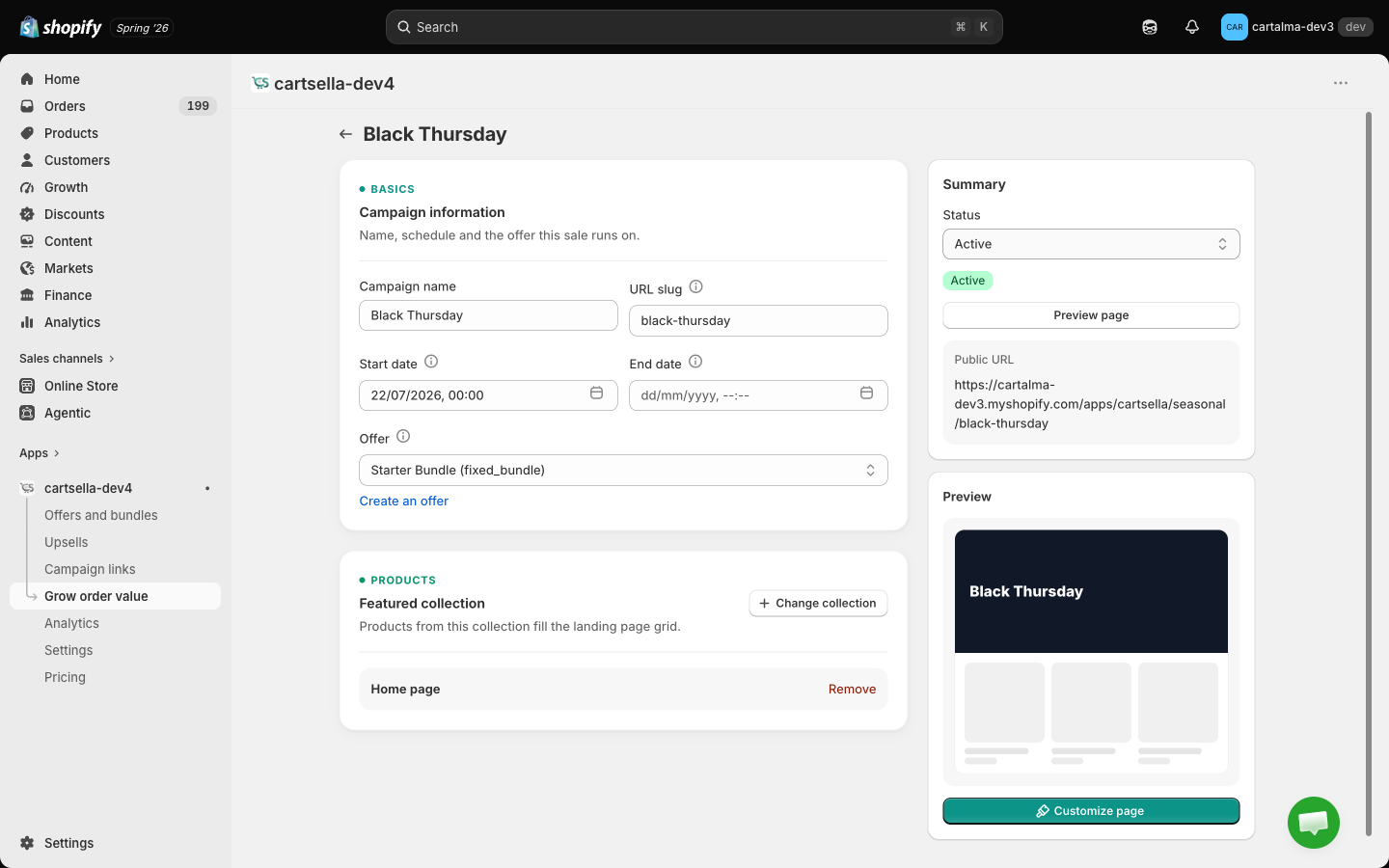 The seasonal campaign editor with campaign information, featured collection, and the sidebar hero preview