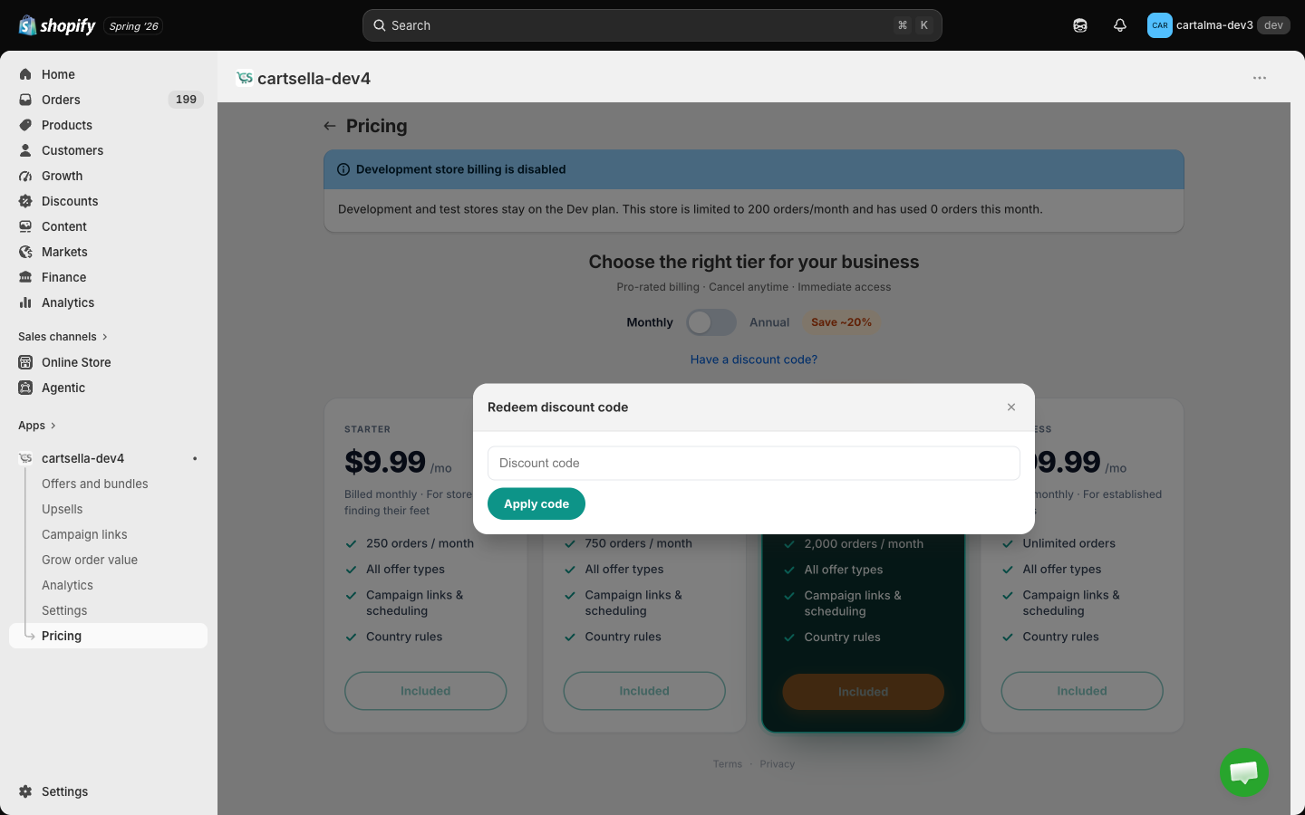 The Redeem discount code window open over the Pricing page
