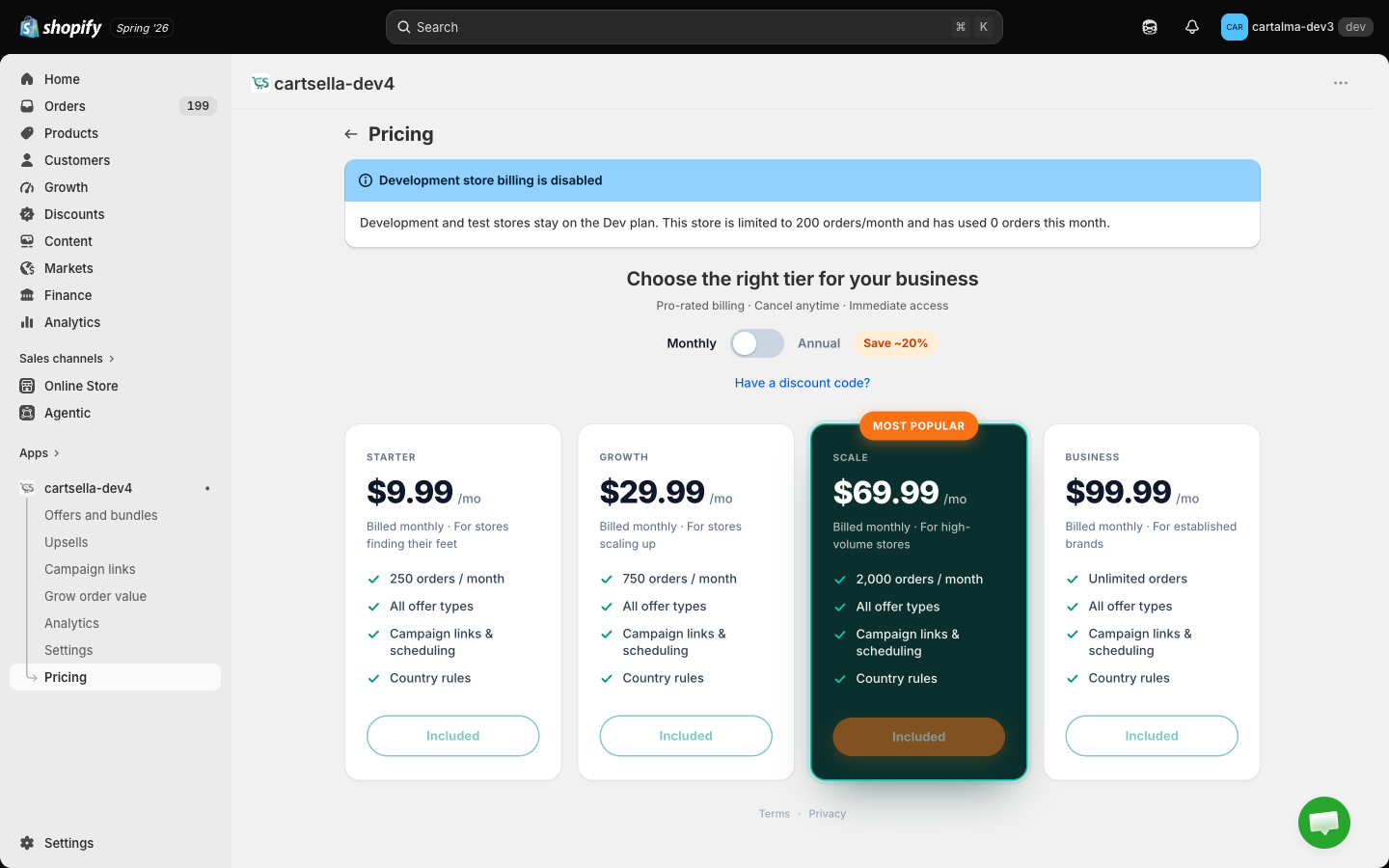 The CartSella Pricing page showing the Starter, Growth, Scale and Business plan cards with the monthly and annual toggle