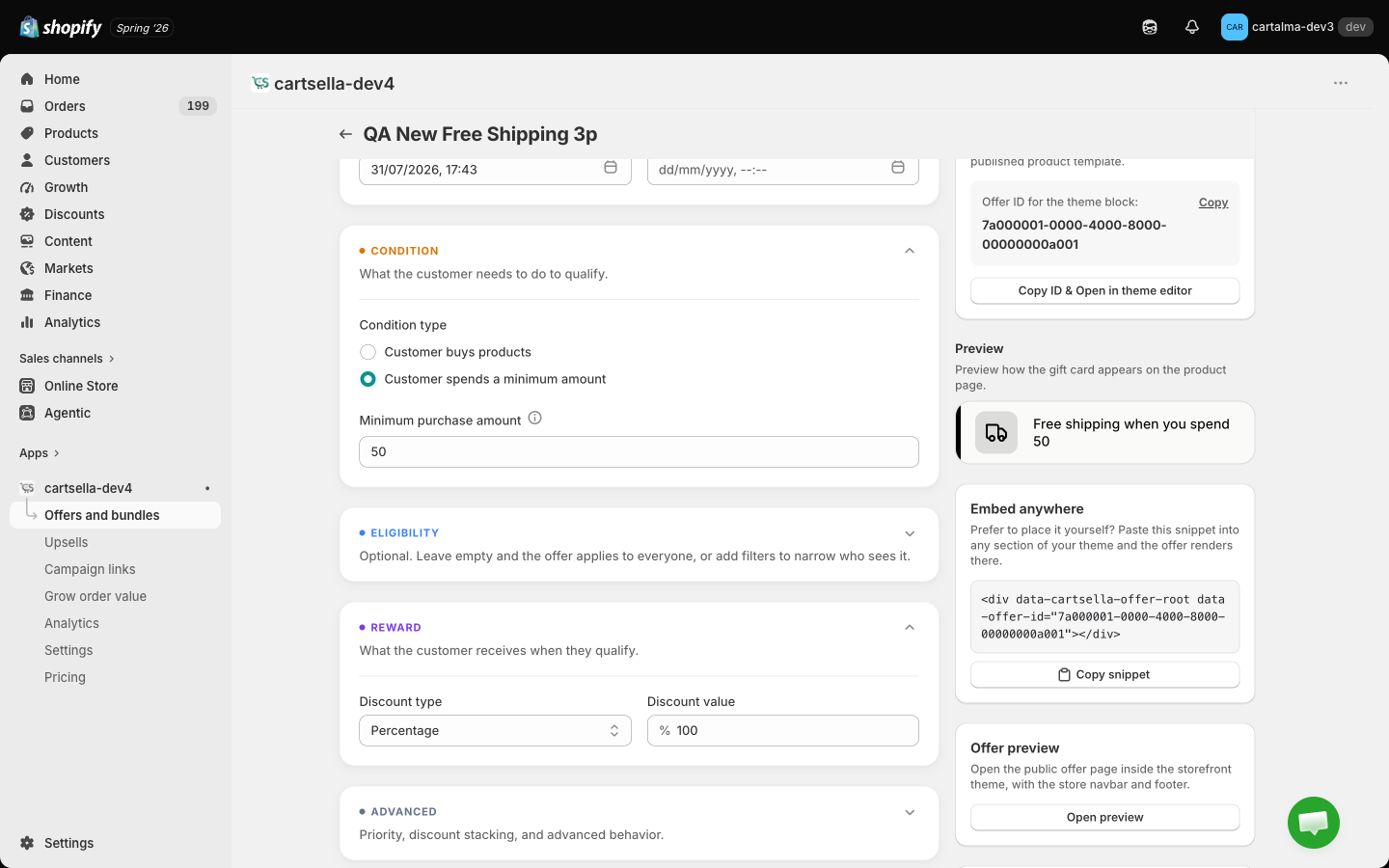 The Condition section of a shipping discount, showing the two condition types and the minimum purchase amount field