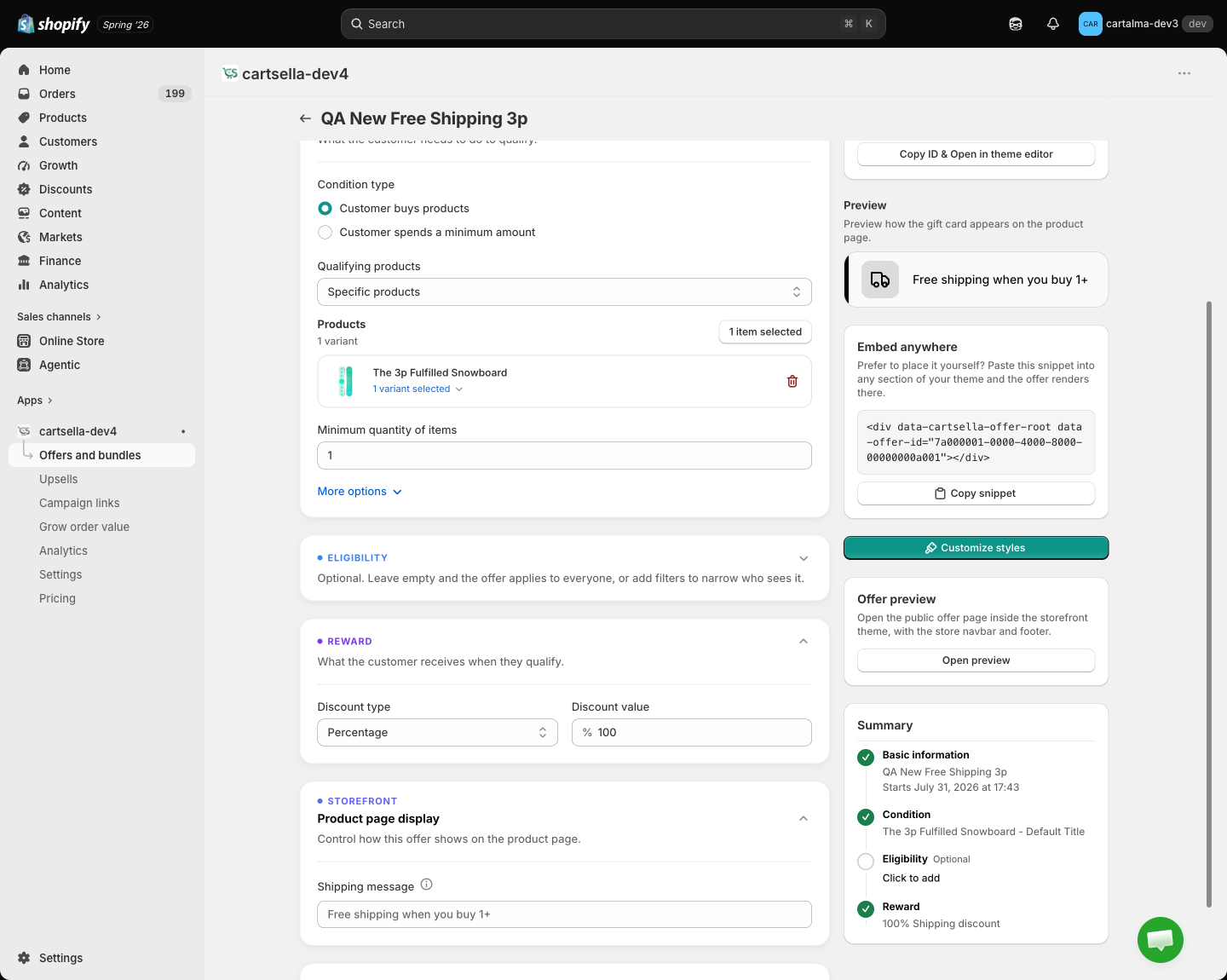 The Product page display section with the Shipping message field and the truck-icon banner preview beside it