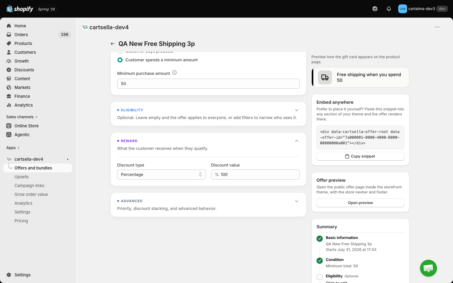 The Reward section of a shipping discount with discount type set to percentage and value 100
