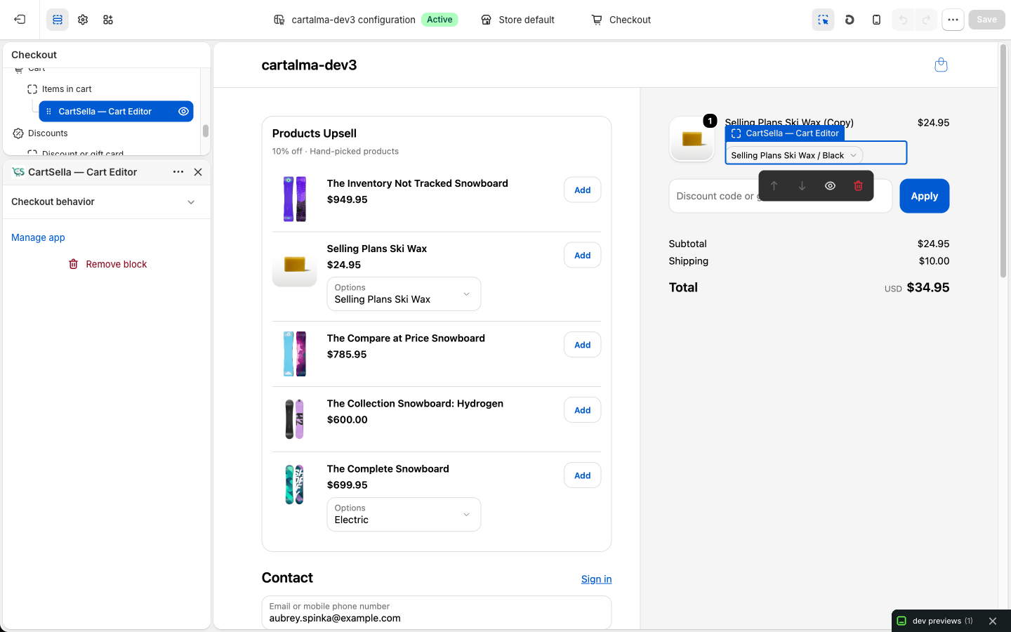 Adding the CartSella cart editor app block in the Shopify checkout editor