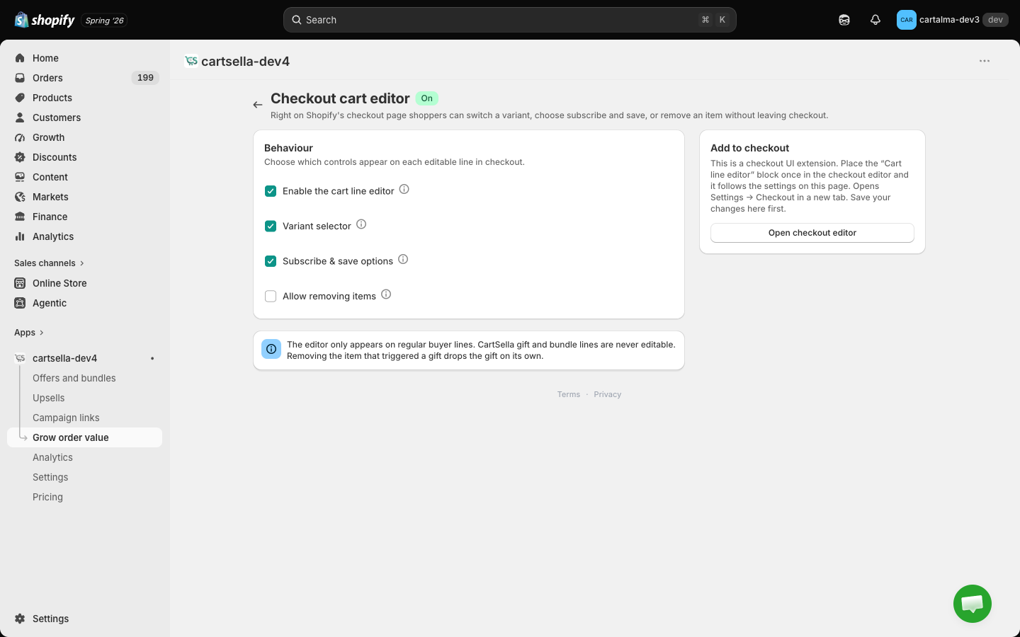 Checkout cart editor settings page in the CartSella admin