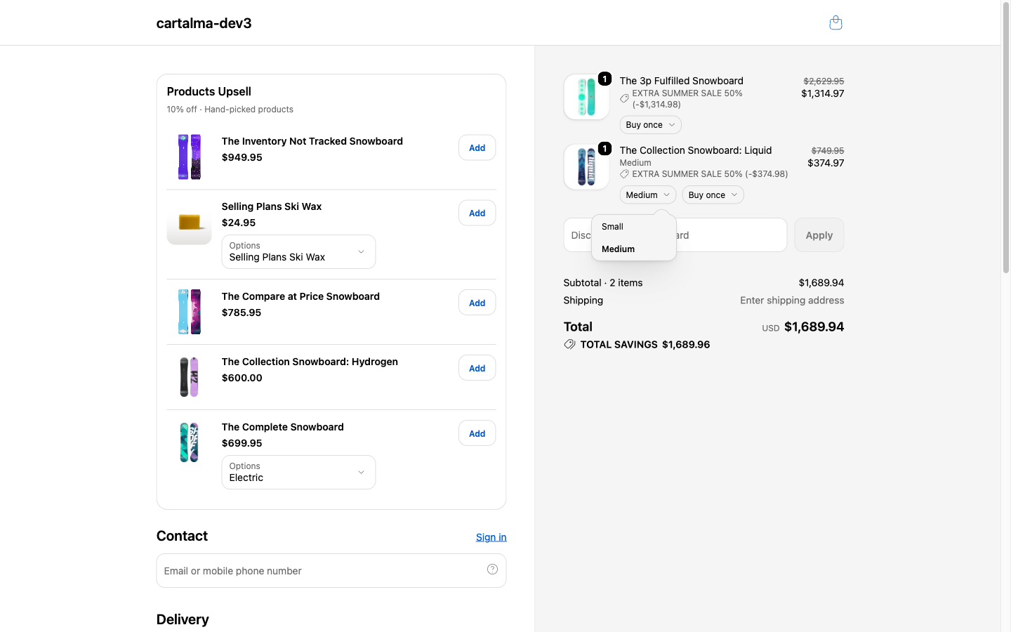 Shopper changing a variant inside Shopify checkout