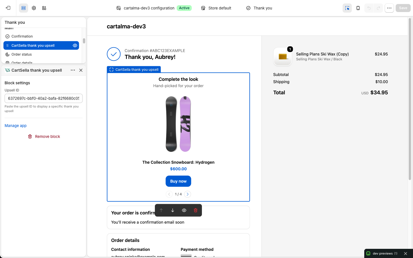 The Shopify checkout editor on the Thank you page with the CartSella thank you upsell app block selected and its Upsell ID setting visible