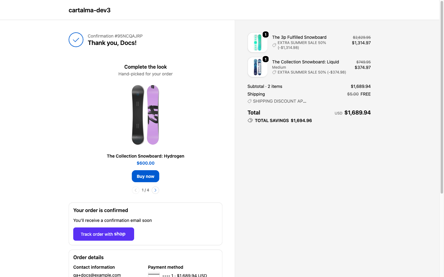 A Shopify order confirmation page with a CartSella block below the order summary showing two recommended products