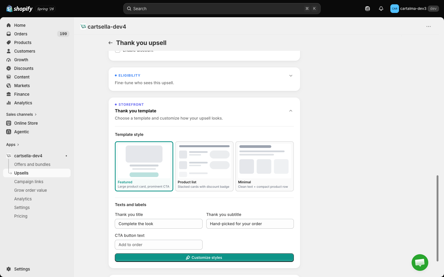 The Thank you template section showing the Featured, Product list and Minimal template cards with title and subtitle fields below
